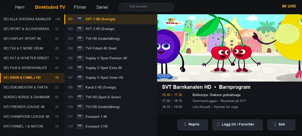 Toucan IPTV användargränssnitt skärmdump 3 på Smart TV och mobil
