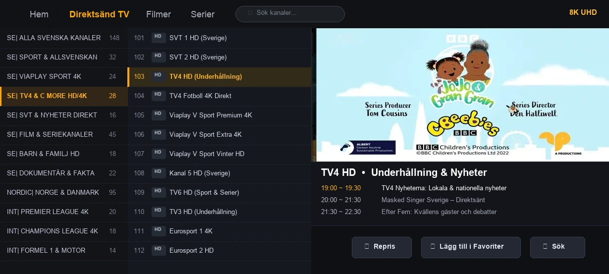 Toucan IPTV användargränssnitt skärmdump 6 på Smart TV och mobil