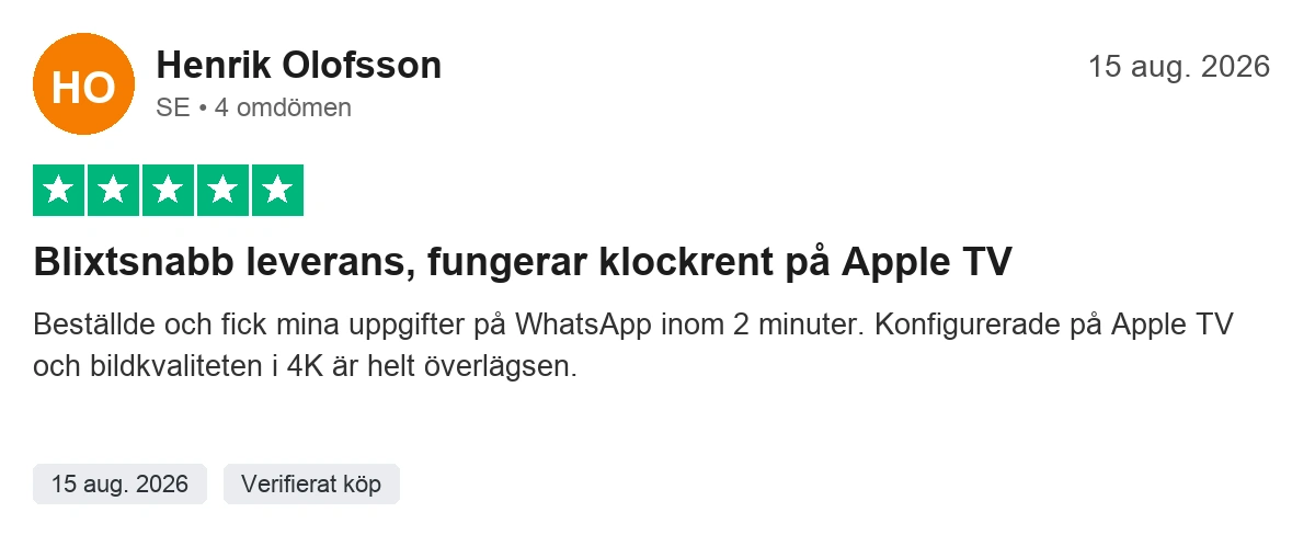 Trustpilot verifierad kundrecension 5 för Toucan IPTV Digital