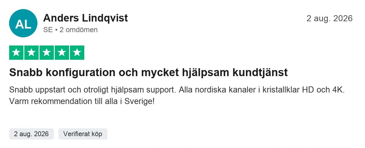 Trustpilot verifierad kundrecension 6 för Toucan IPTV Digital