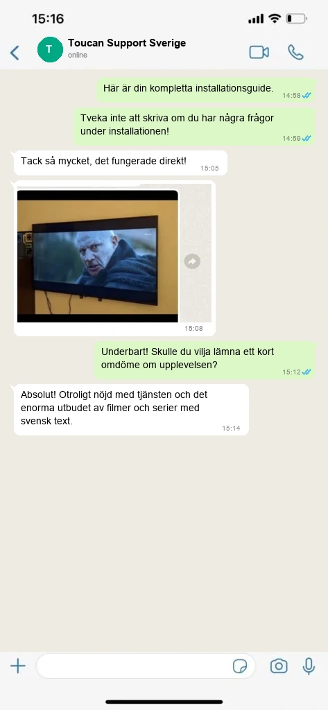 Äkta WhatsApp konversation 1 med nöjd Toucan IPTV kund