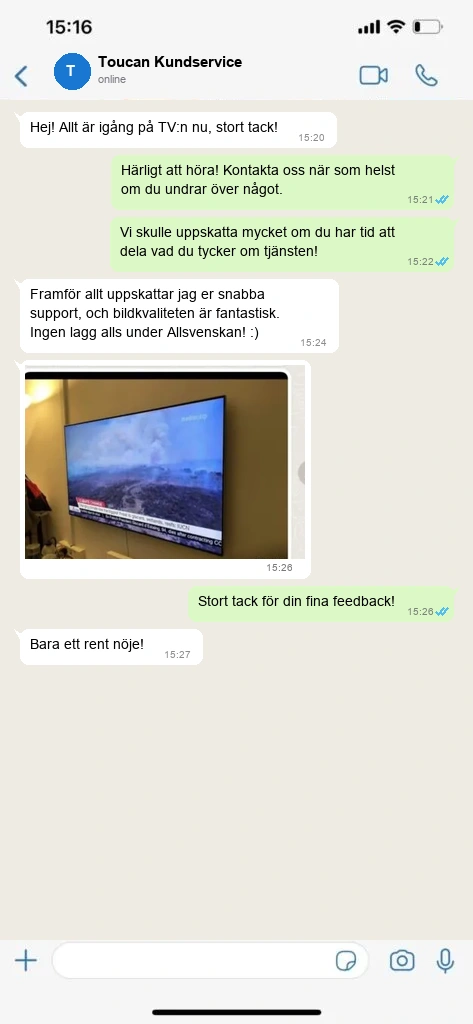 Äkta WhatsApp konversation 2 med nöjd Toucan IPTV kund