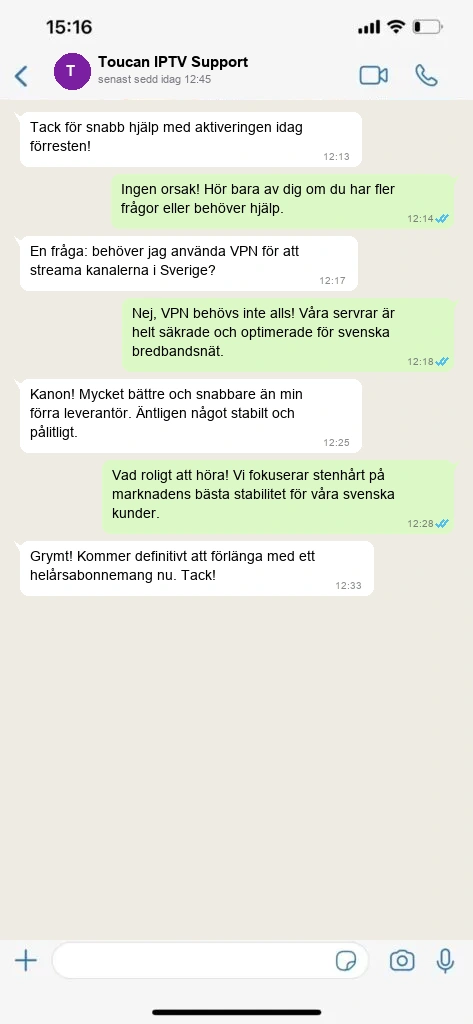 Äkta WhatsApp konversation 3 med nöjd Toucan IPTV kund