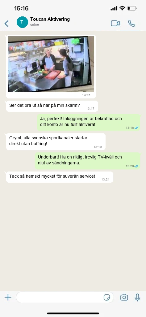 Äkta WhatsApp konversation 4 med nöjd Toucan IPTV kund