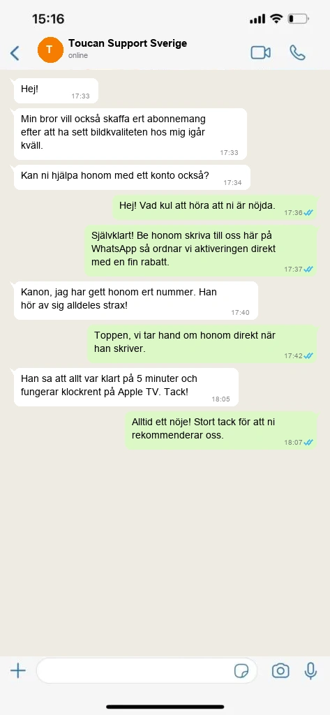 Äkta WhatsApp konversation 5 med nöjd Toucan IPTV kund