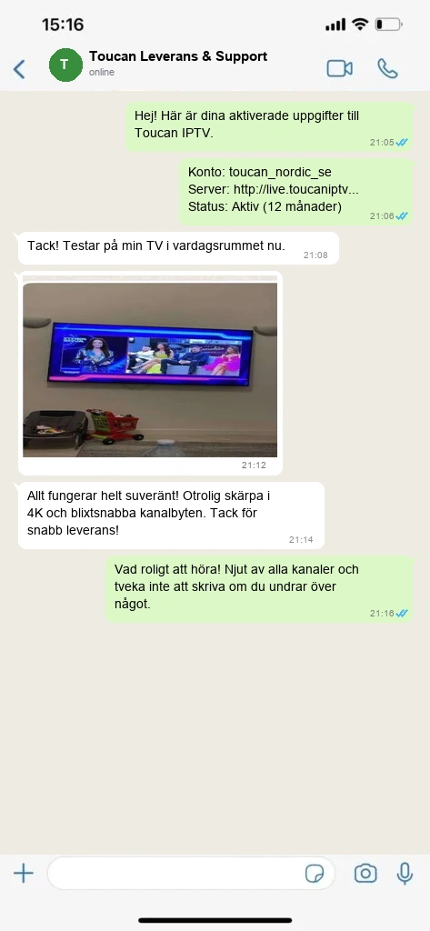 Äkta WhatsApp konversation 6 med nöjd Toucan IPTV kund